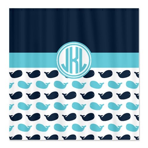 Preppy-Circle-Monogram-Navy Blue, Turquoise, and White Whale Shower Curtain for Customized Home Bathroom Decor