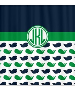 Preppy-Circle-Monogram-Navy Blue, Turquoise, and White Whale Shower Curtain for Customized Home Bathroom Decor