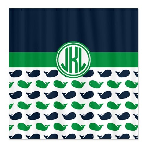 Preppy-Circle-Monogram-Navy Blue, Turquoise, and White Whale Shower Curtain for Customized Home Bathroom Decor