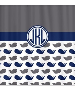 Preppy-Circle-Monogram-Navy Blue, Turquoise, and White Whale Shower Curtain for Customized Home Bathroom Decor