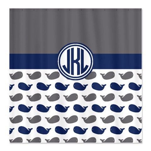 Preppy-Circle-Monogram-Navy Blue, Turquoise, and White Whale Shower Curtain for Customized Home Bathroom Decor