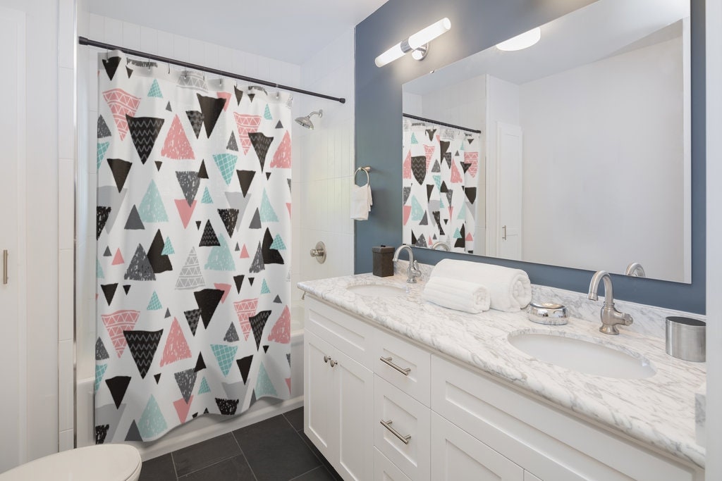 Pretty Designer Geometric Shower Curtain with Kawaii Style and Pastel Goth Fashion