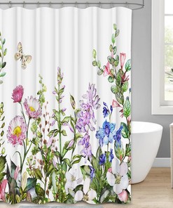 Pretty Floral Shower Curtain, Printed Plant Flowers Fabric For Spring Bathroom Decor