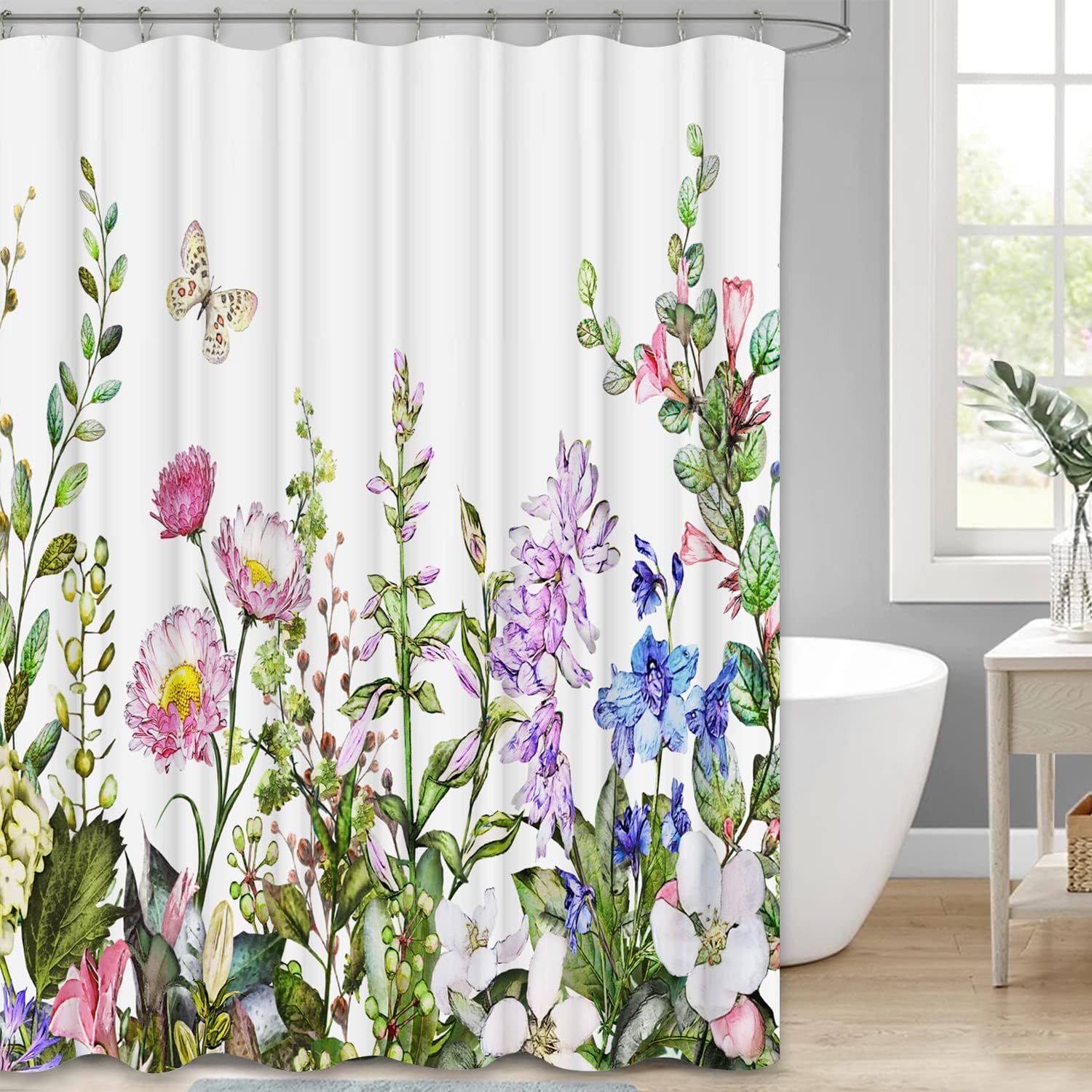 Pretty Floral Shower Curtain, Printed Plant Flowers Fabric For Spring Bathroom Decor