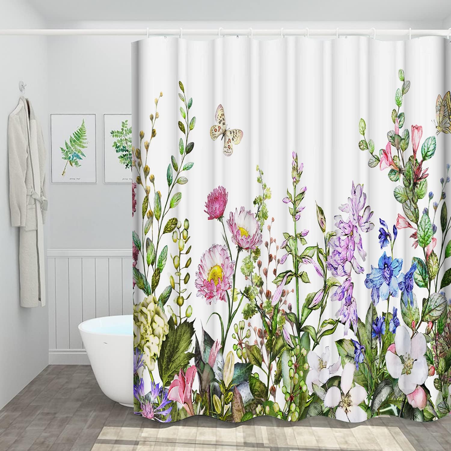 Pretty Floral Shower Curtain, Printed Plant Flowers Fabric For Spring Bathroom Decor - Image 2