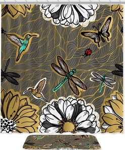 Pretty Flowers, Butterflies, And Hummingbirds Shower Curtain With Waterproof Fabric For Your Bathroom