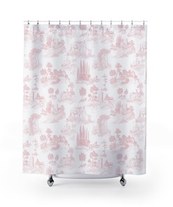 Pretty Light Pink Toile de Jouy Shower Curtain with Vintage French Pattern, Antique Cottage Garden Bathroom Décor