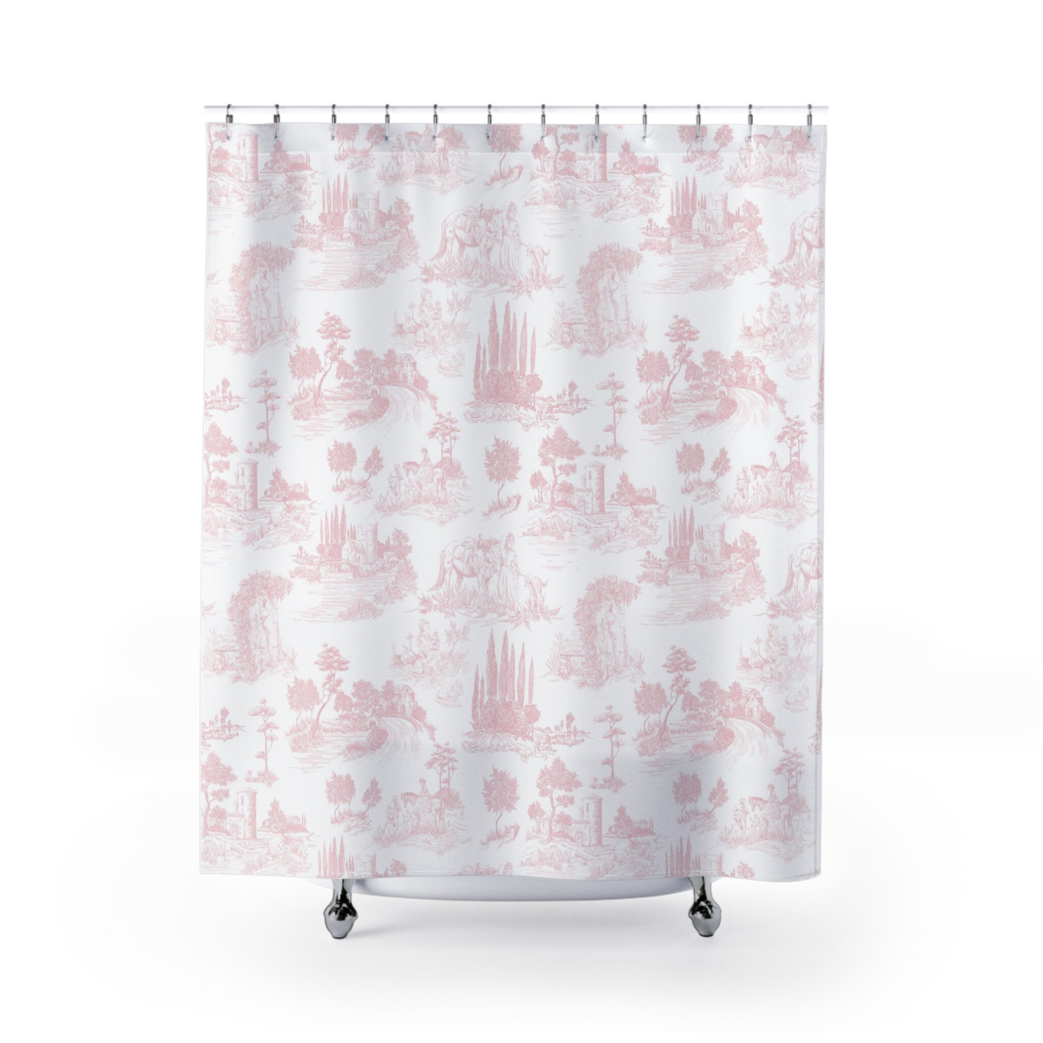 Pretty Light Pink Toile de Jouy Shower Curtain with Vintage French Pattern, Antique Cottage Garden Bathroom Décor
