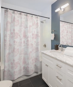 Pretty Light Pink Toile de Jouy Shower Curtain with Vintage French Pattern, Antique Cottage Garden Bathroom Décor