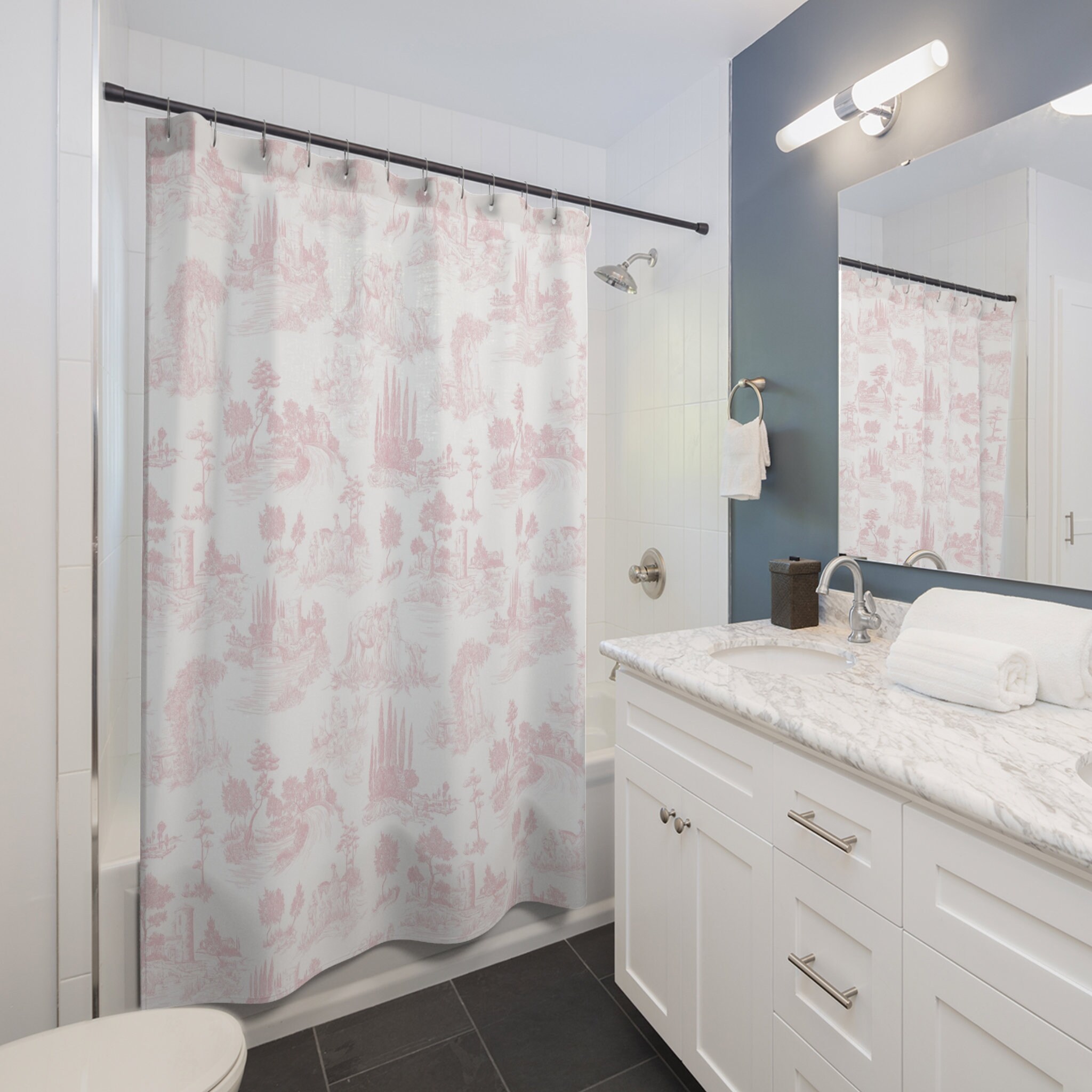Pretty Light Pink Toile de Jouy Shower Curtain with Vintage French Pattern, Antique Cottage Garden Bathroom Décor