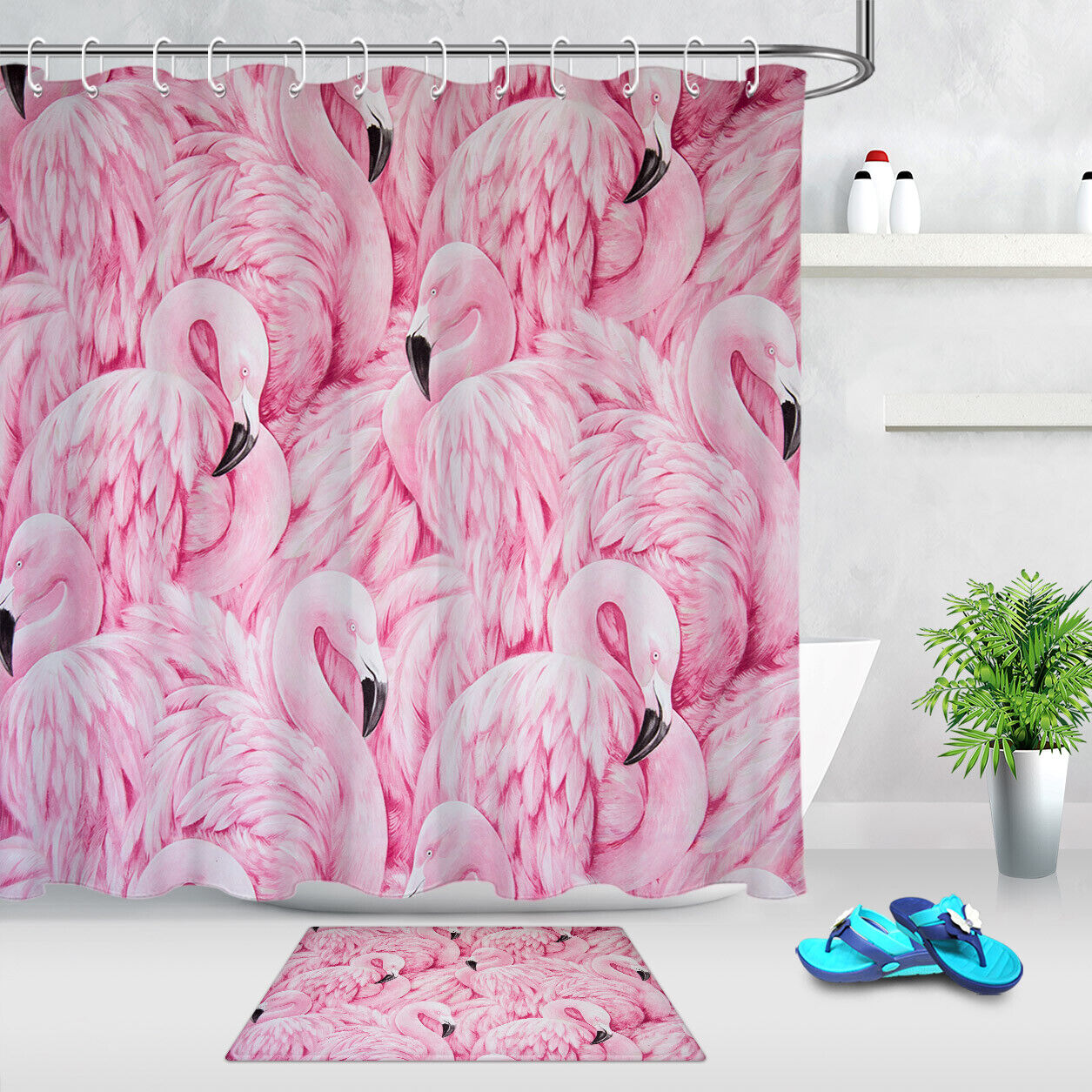 Pretty Pink Flamingos Fabric Shower Curtain with Matching Bathroom Mat