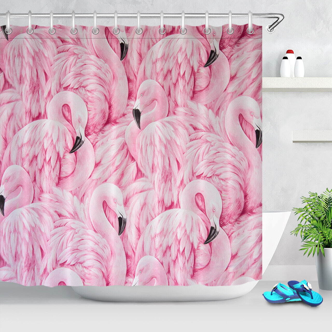 Pretty Pink Flamingos Fabric Shower Curtain with Matching Bathroom Mat