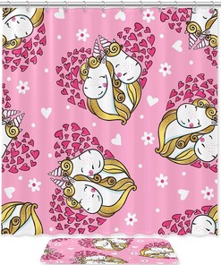 Pretty Pink Heart Unicorn Shower Curtain with Waterproof Bathroom Decor