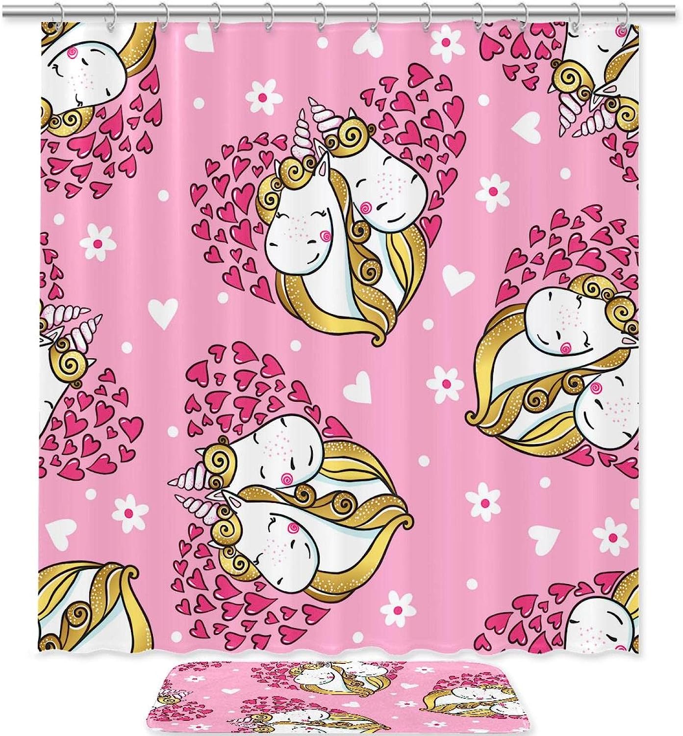 Pretty Pink Heart Unicorn Shower Curtain with Waterproof Bathroom Decor