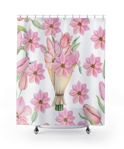 Pretty Pink Tulips and Flower Bouquet Shower Curtain for Bathroom Decor 