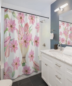 Pretty Pink Tulips and Flower Bouquet Shower Curtain for Bathroom Decor