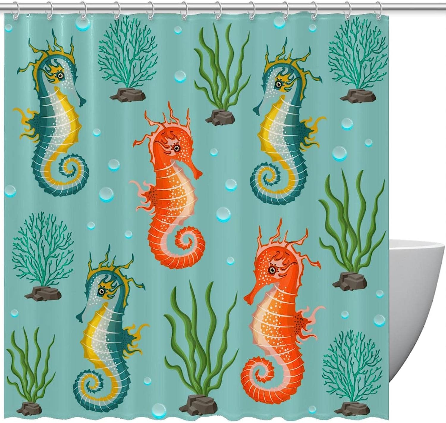 Pretty Seahorse Kelp Coral Waterproof Bath Curtain For Bathroom