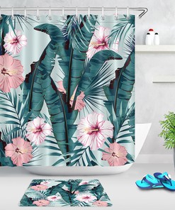 Pretty Tropical Palm Leaves Flower Blossom Shower Curtain with Waterproof Fabric, for Bathroom Decor 