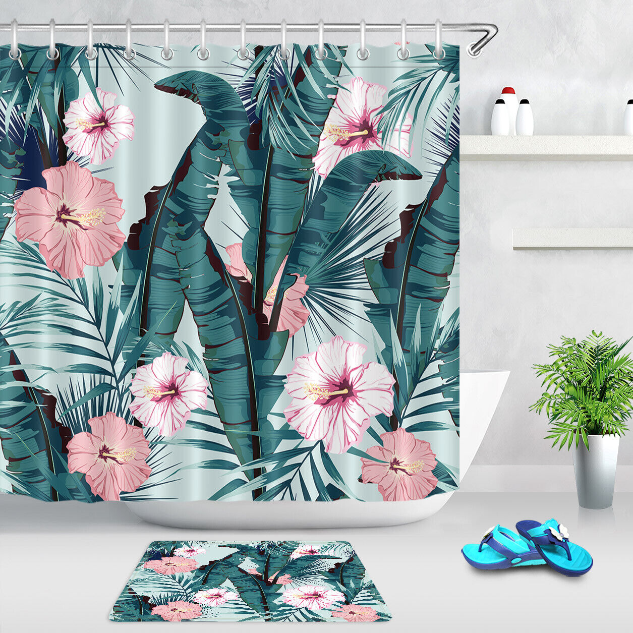 Pretty Tropical Palm Leaves Flower Blossom Shower Curtain with Waterproof Fabric, for Bathroom Decor