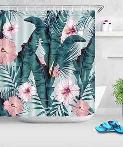 Pretty Tropical Palm Leaves Flower Blossom Shower Curtain with Waterproof Fabric, for Bathroom Decor