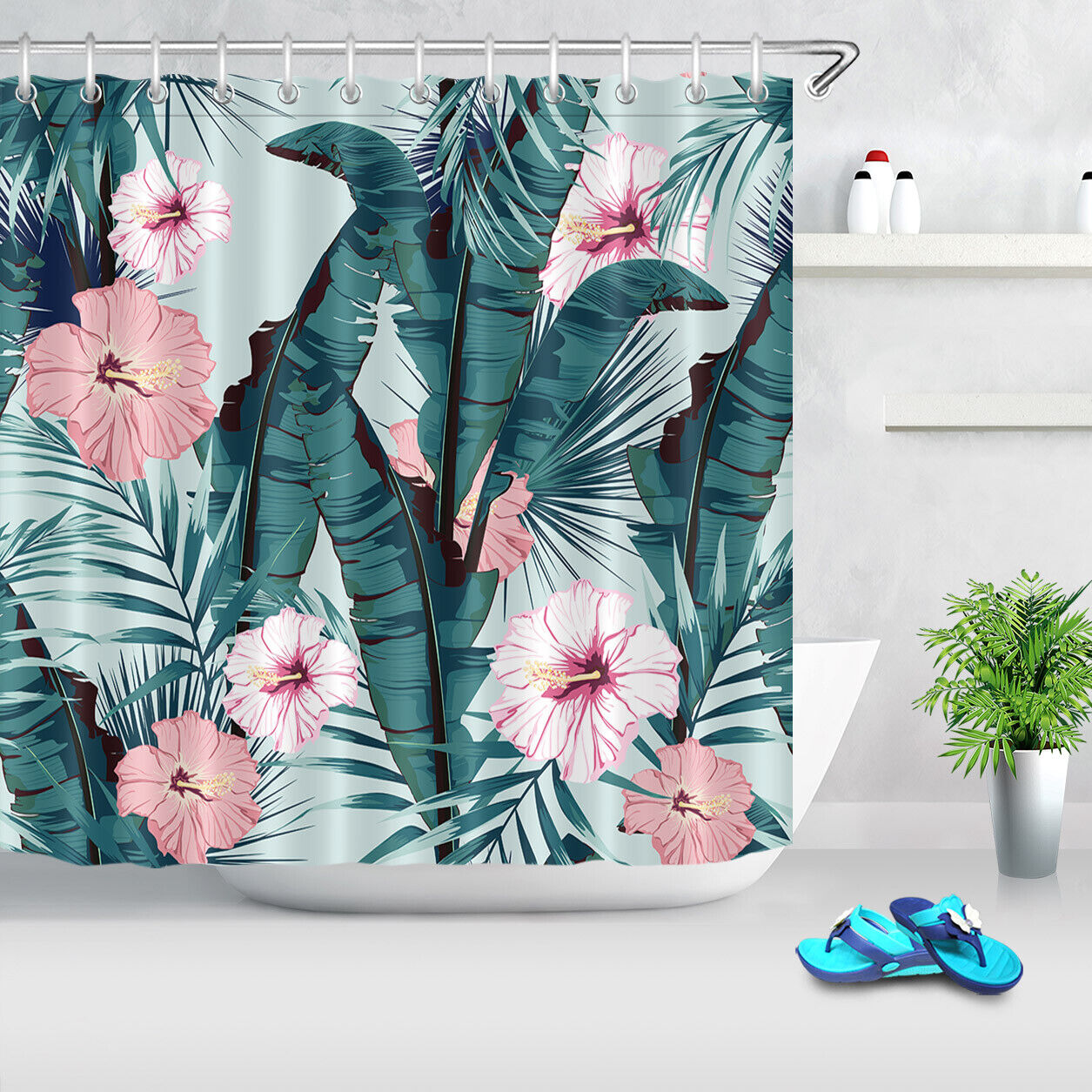 Pretty Tropical Palm Leaves Flower Blossom Shower Curtain with Waterproof Fabric, for Bathroom Decor