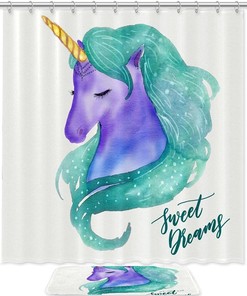Pretty Watercolor Unicorn Shower Curtain with Waterproof Bathroom Decors 