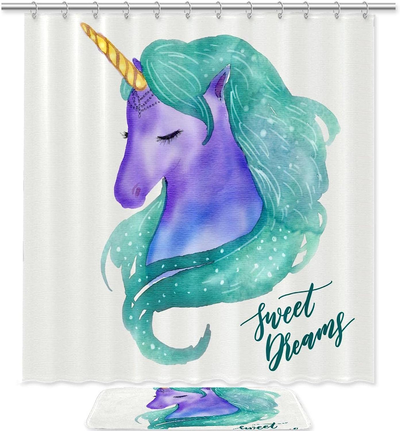 Pretty Watercolor Unicorn Shower Curtain with Waterproof Bathroom Decors