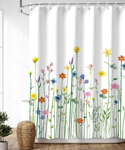 Pretty Wildflower Bathroom Curtain - Pastel Watercolor Flower Shower Curtain with Plant Decor