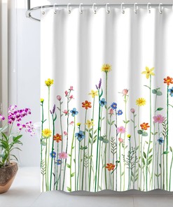 Pretty Wildflower Bathroom Curtain - Pastel Watercolor Flower Shower Curtain with Plant Decor