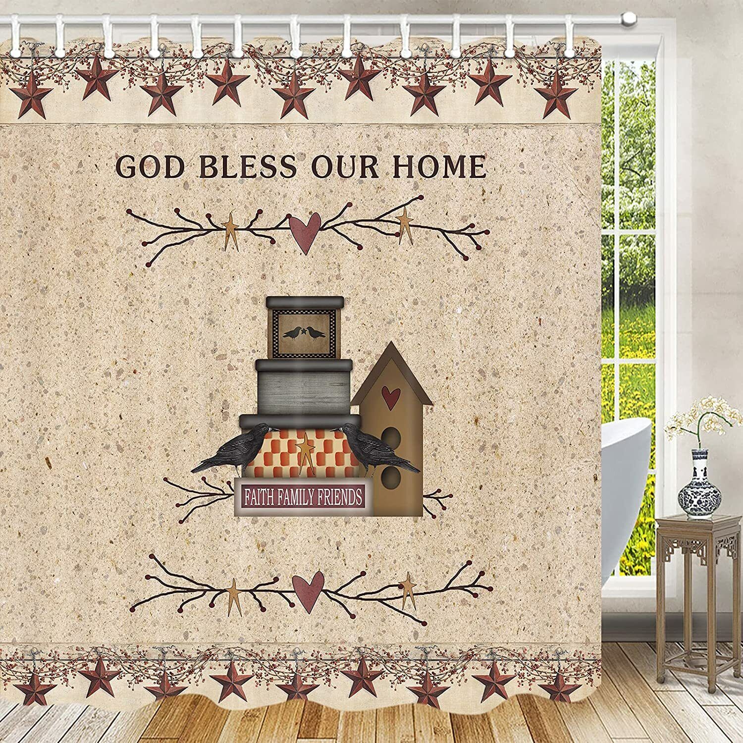 Primitive Country Bath Curtain With Heart Design - A Perfect Faith, Family, And Friends Theme For Your Bathroom - Image 2