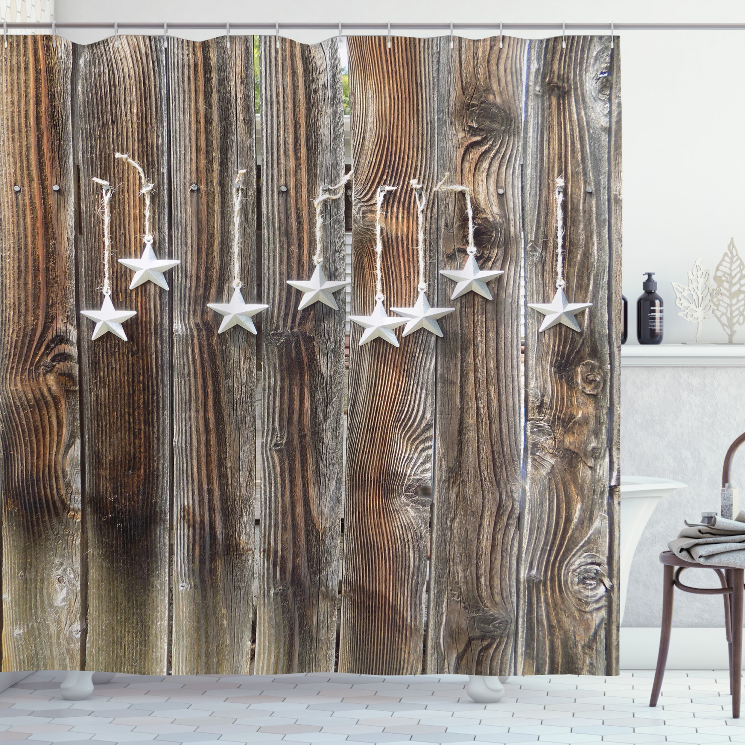 Primitive Country Shower Curtain with Silver Stars Print for Bathroom