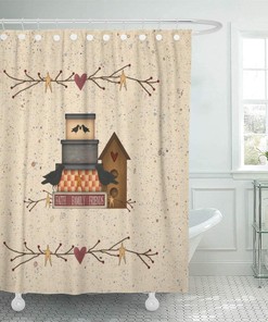 Primitive Heart Faith Family Friends Country Birdhouse Shower Curtain Ideas Waterproof Washable