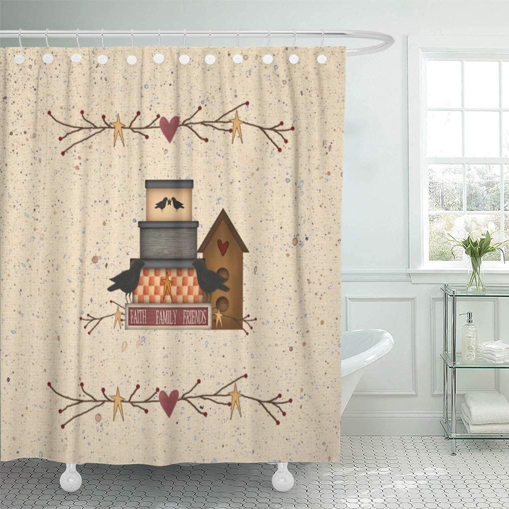 Primitive Heart Faith Family Friends Country Birdhouse Shower Curtain Ideas Waterproof Washable