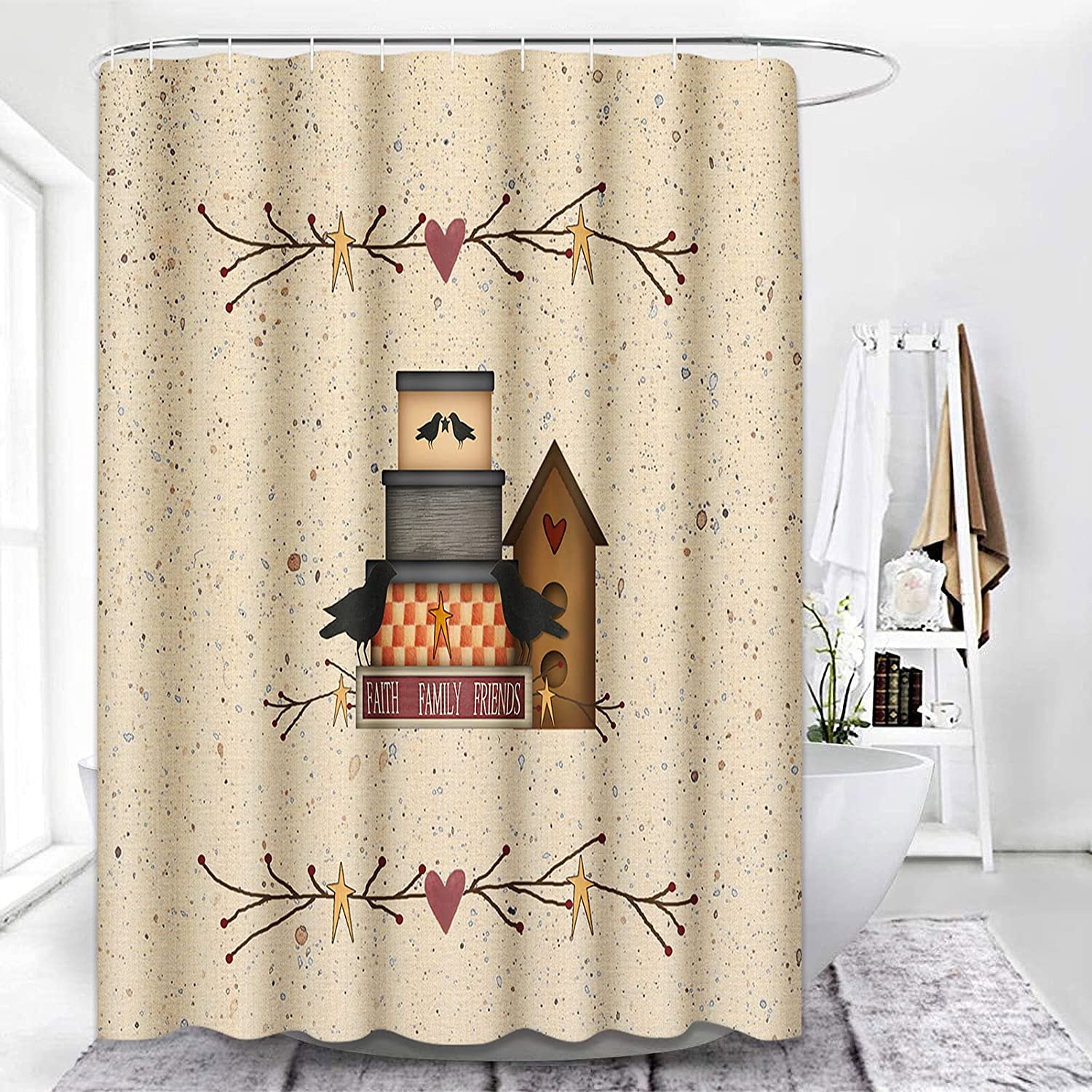 Primitive Heart Faith Family Friends Country Birdhouse Shower Curtain Ideas Waterproof Washable