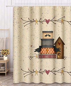 Primitive Heart Faith Family Friends Country Birdhouse Shower Curtain Ideas Waterproof Washable