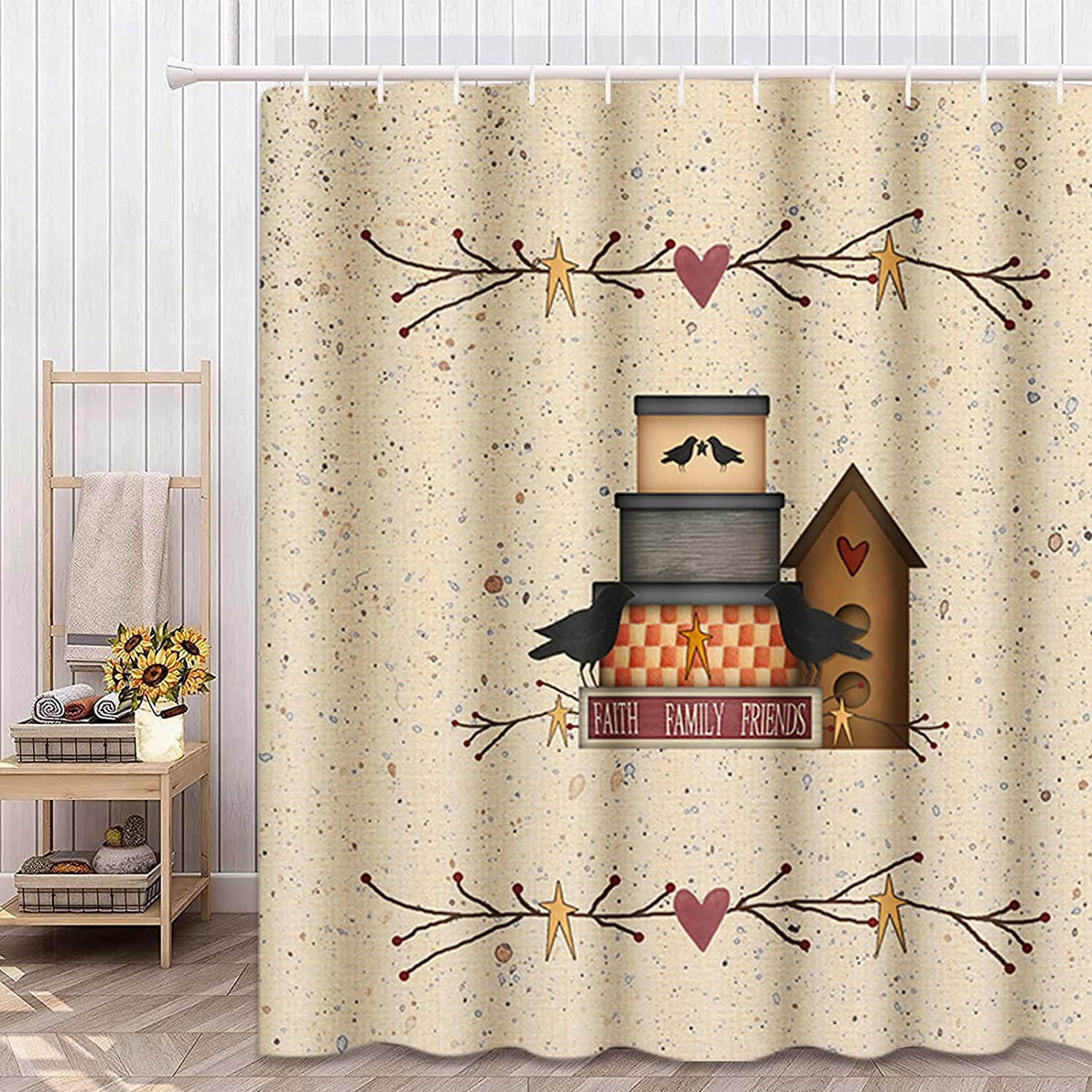 Primitive Heart Faith Family Friends Country Birdhouse Shower Curtain Ideas Waterproof Washable