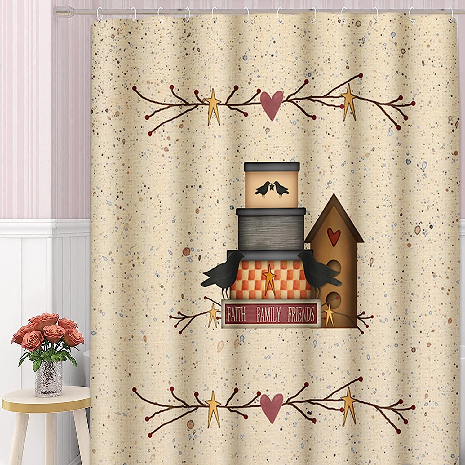 Primitive Heart Faith Family Friends Country Birdhouse Shower Curtain Ideas Waterproof Washable