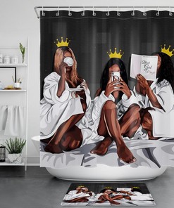 Princess African American Girls Shower Curtain With Gold Crown - Decorative Fabric Curtain