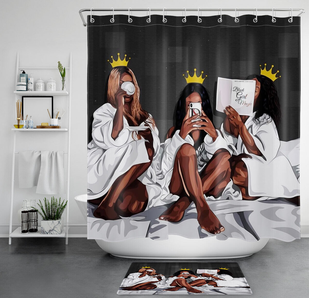 Princess African American Girls Shower Curtain With Gold Crown - Decorative Fabric Curtain