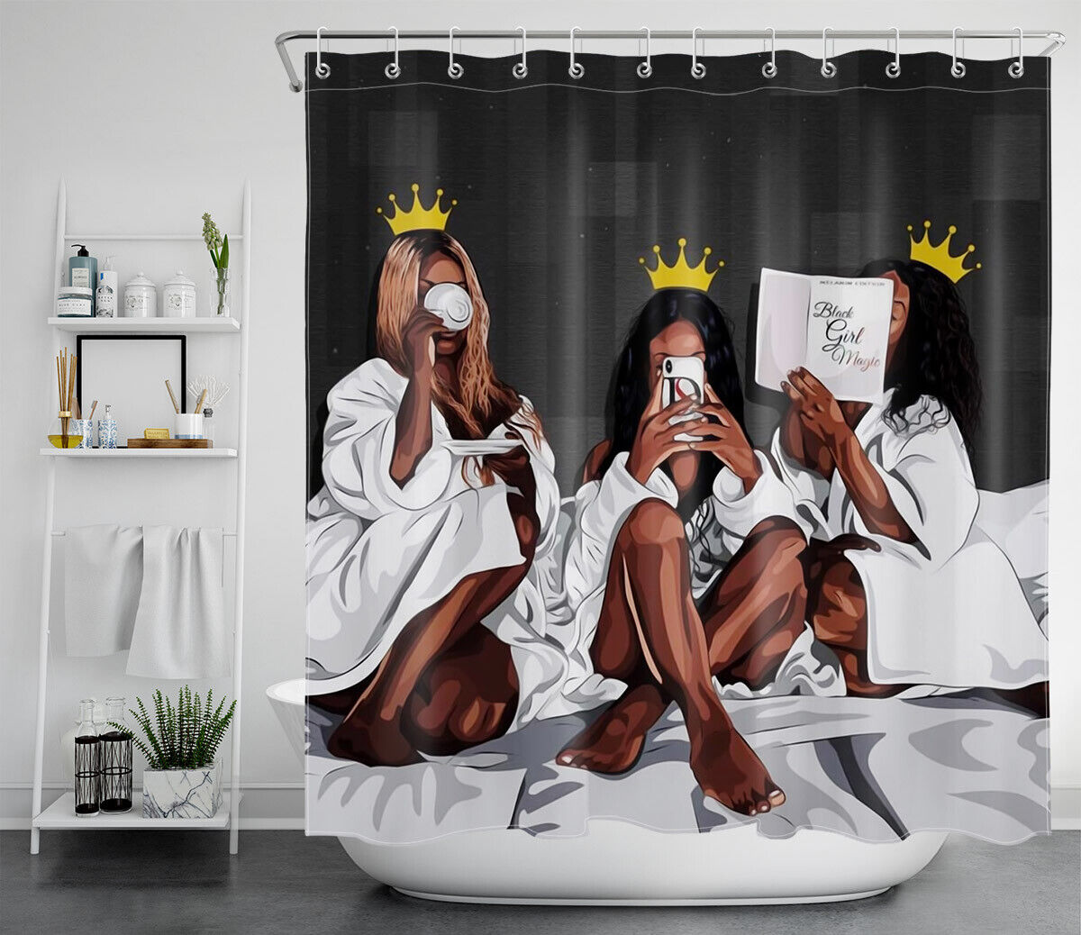 Princess African American Girls Shower Curtain With Gold Crown - Decorative Fabric Curtain - Image 2