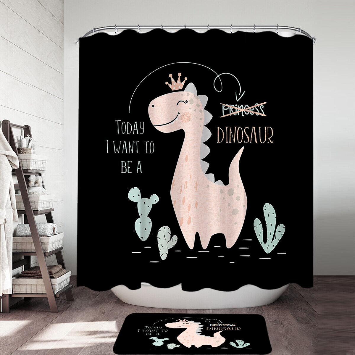 Princess Dinosaur Waterproof Shower Curtain For Kids Bathroom