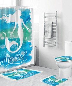 Princess Mermaid Waterproof Shower Curtain with Ocean Theme - Cloth Fabric Bathroom Decoration Set Hook