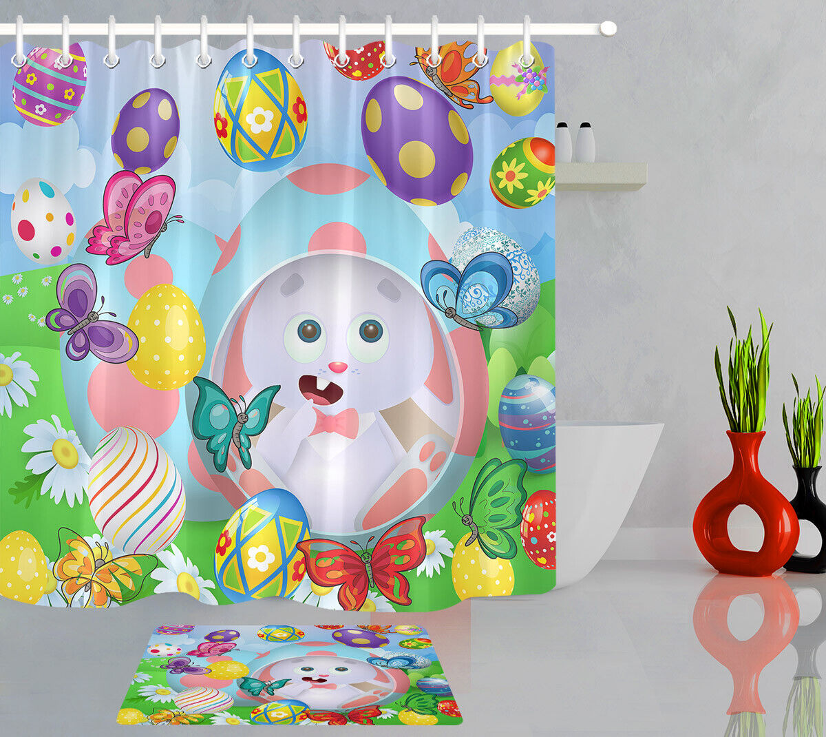 Print Shower Curtain With Easter Eggs & Colorful Butterfly - Unique Bathroom Decor