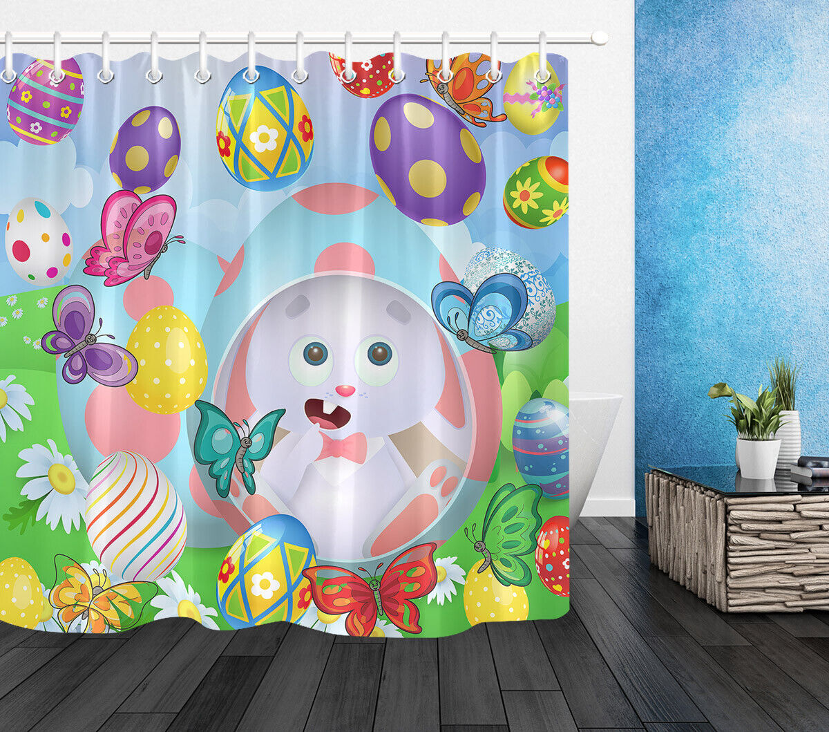 Print Shower Curtain With Easter Eggs & Colorful Butterfly - Unique Bathroom Decor