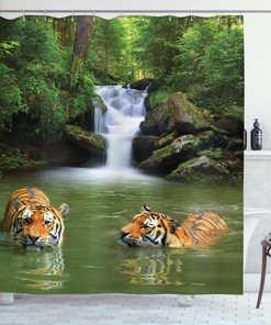 Print Shower Curtain with Asian Siberian Tigers Design for Bathroom Decor
