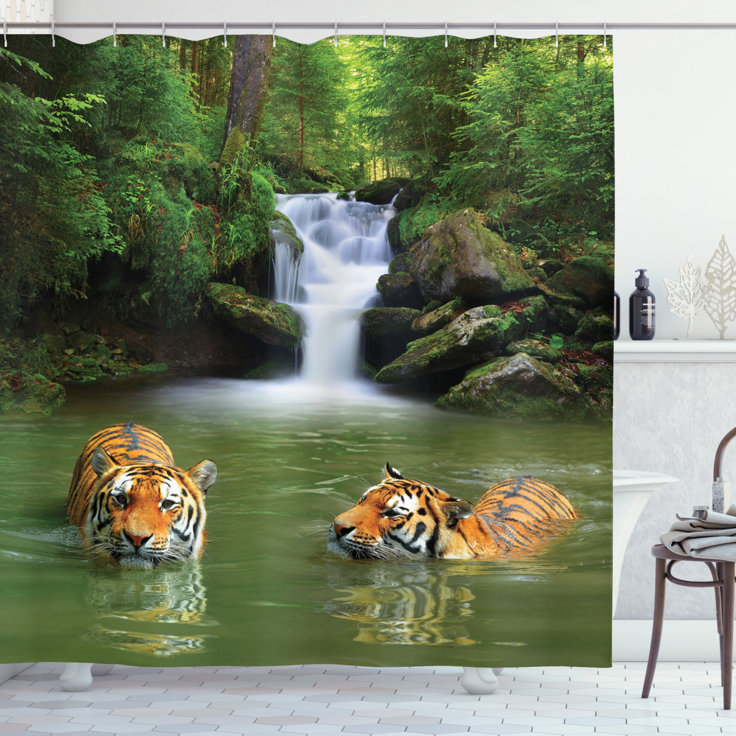 Print Shower Curtain with Asian Siberian Tigers Design for Bathroom Decor