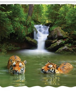 Print Shower Curtain with Asian Siberian Tigers Design for Bathroom Decor