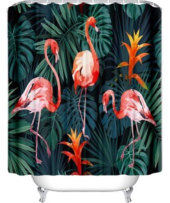 Printed Fabric Shower Curtain With Flamingos For A Quirky Bathroom
