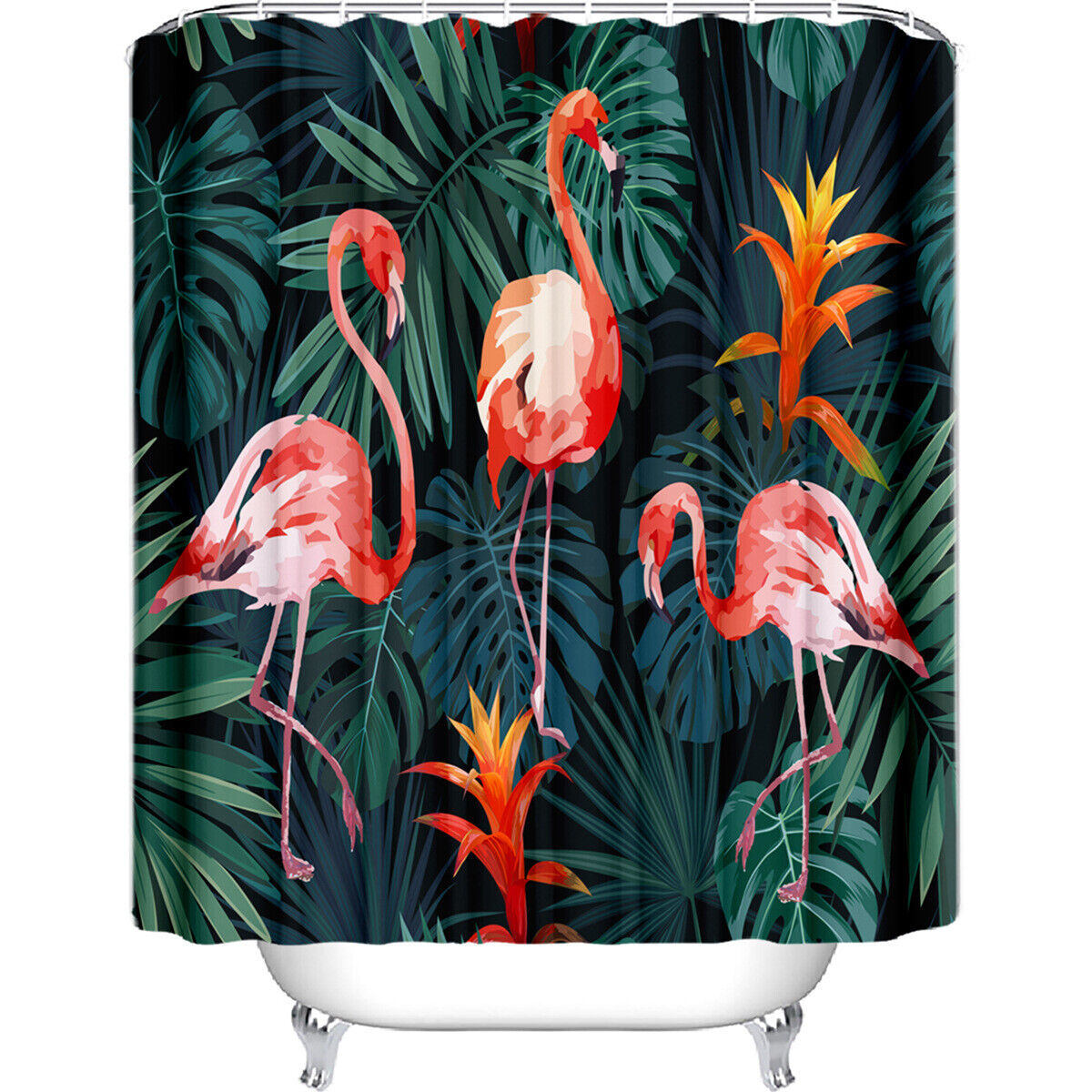 Printed Fabric Shower Curtain With Flamingos For A Quirky Bathroom
