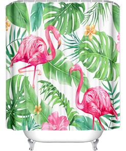 Printed Fabric Shower Curtain With Flamingos For A Quirky Bathroom